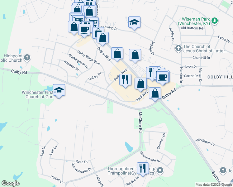 map of restaurants, bars, coffee shops, grocery stores, and more near 272 April Way in Winchester