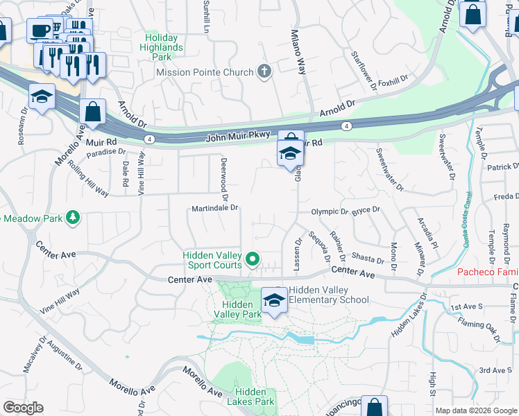 map of restaurants, bars, coffee shops, grocery stores, and more near 304 Klamath Court in Martinez