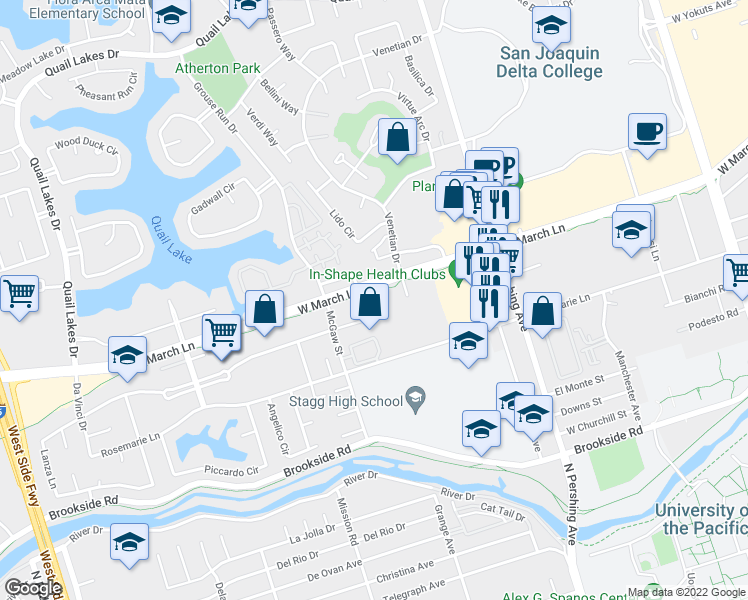 map of restaurants, bars, coffee shops, grocery stores, and more near 1776 West March Lane in Stockton