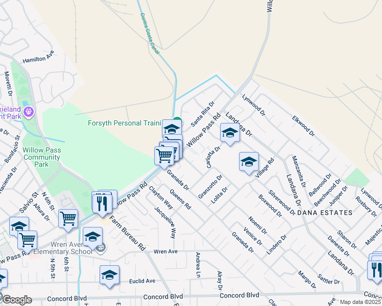 map of restaurants, bars, coffee shops, grocery stores, and more near 3712 Willow Pass Road in Concord