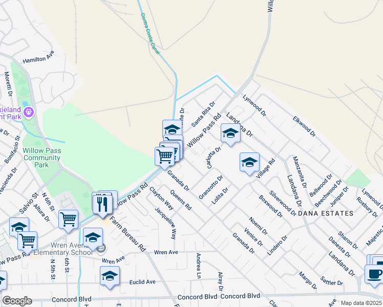 map of restaurants, bars, coffee shops, grocery stores, and more near 3712 Willow Pass Road in Concord