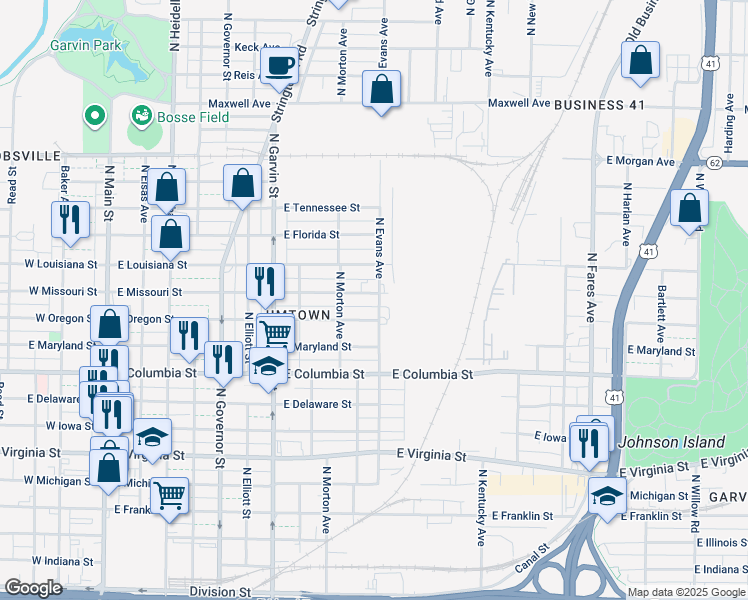map of restaurants, bars, coffee shops, grocery stores, and more near 729 East Missouri Street in Evansville