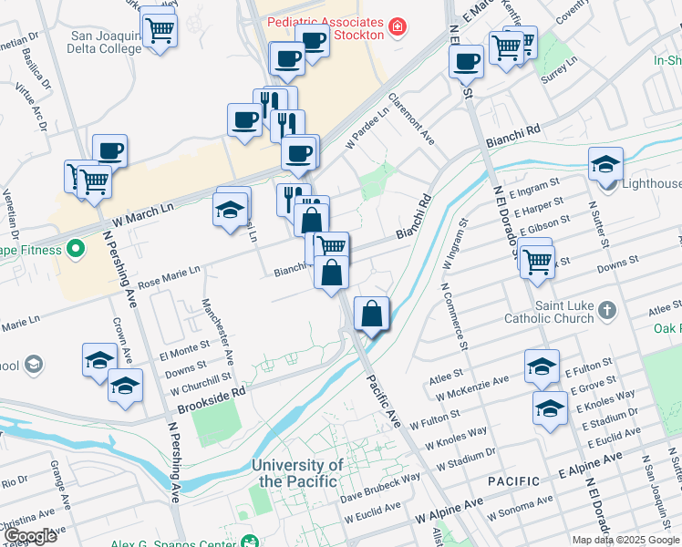 map of restaurants, bars, coffee shops, grocery stores, and more near 518 West Bianchi Road in Stockton