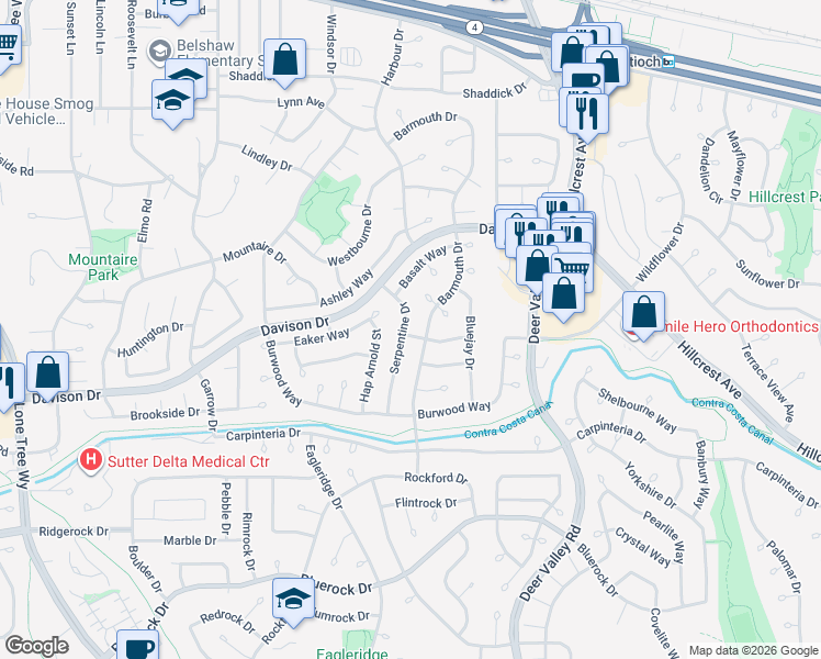 map of restaurants, bars, coffee shops, grocery stores, and more near 3328 Serpentine Drive in Antioch