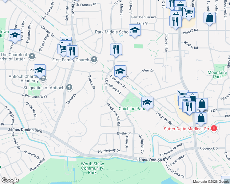 map of restaurants, bars, coffee shops, grocery stores, and more near 3124 Milner Road in Antioch