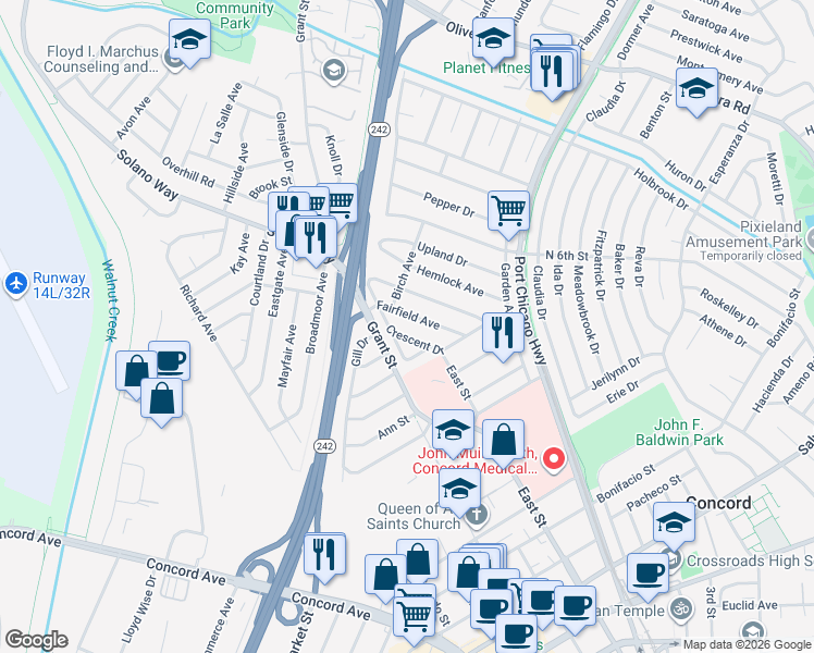 map of restaurants, bars, coffee shops, grocery stores, and more near 2312 Fairfield Avenue in Concord