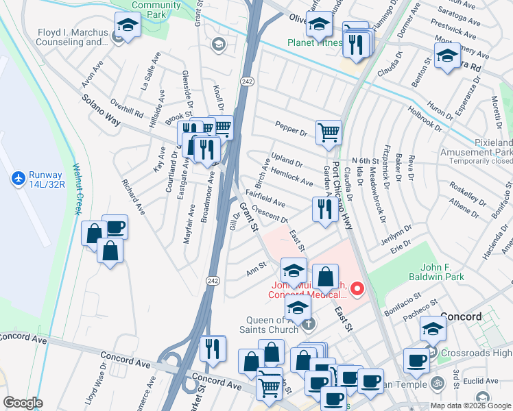 map of restaurants, bars, coffee shops, grocery stores, and more near 2312 Fairfield Avenue in Concord