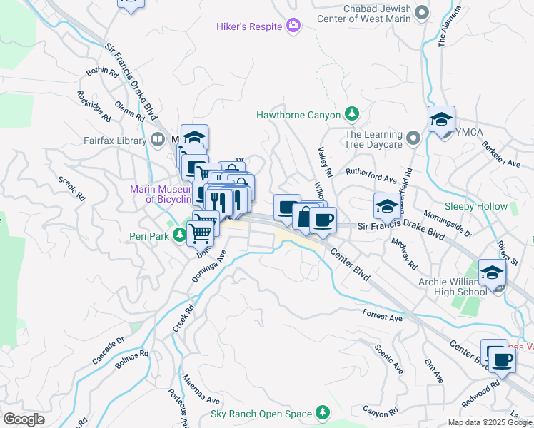 map of restaurants, bars, coffee shops, grocery stores, and more near 125 Live Oak Avenue in Fairfax