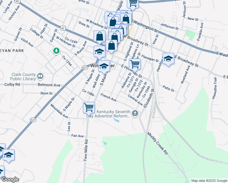 map of restaurants, bars, coffee shops, grocery stores, and more near 262 South Highland Street in Winchester