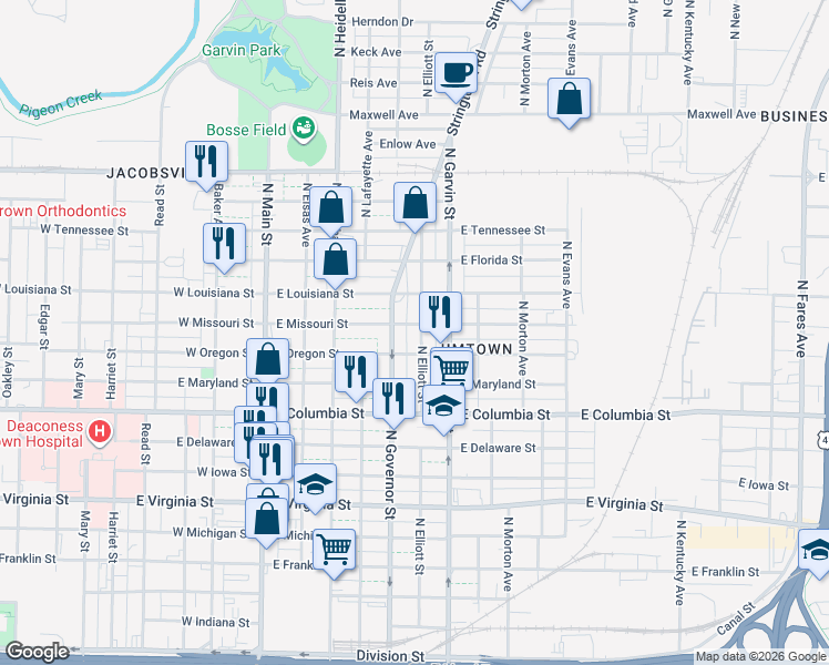 map of restaurants, bars, coffee shops, grocery stores, and more near 1100 North Elliott Street in Evansville