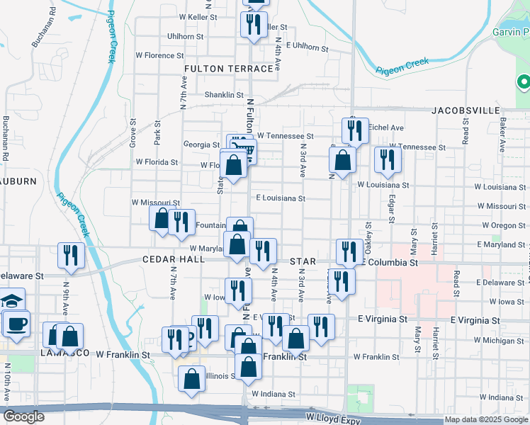 map of restaurants, bars, coffee shops, grocery stores, and more near 1037 North Fulton Avenue in Evansville