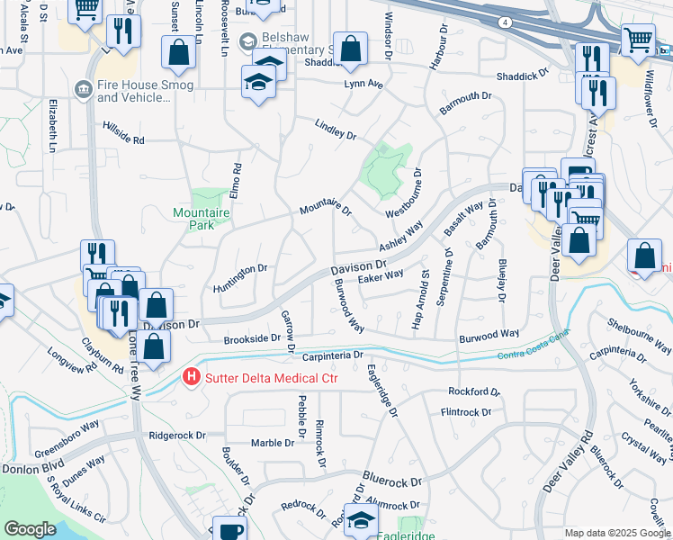 map of restaurants, bars, coffee shops, grocery stores, and more near Davison Drive & Burwood Way in Antioch