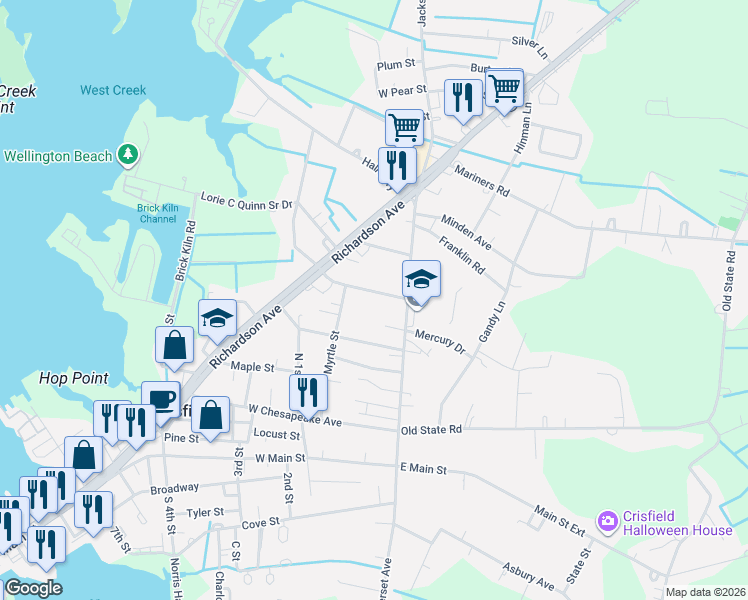 map of restaurants, bars, coffee shops, grocery stores, and more near 12 Potomac Street in Crisfield