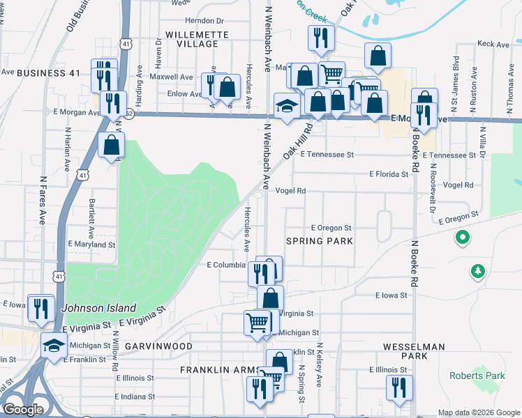 map of restaurants, bars, coffee shops, grocery stores, and more near 1102 North Weinbach Avenue in Evansville