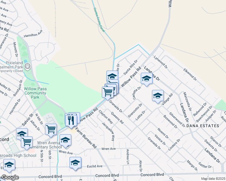 map of restaurants, bars, coffee shops, grocery stores, and more near 3683 Willow Pass Road in Concord