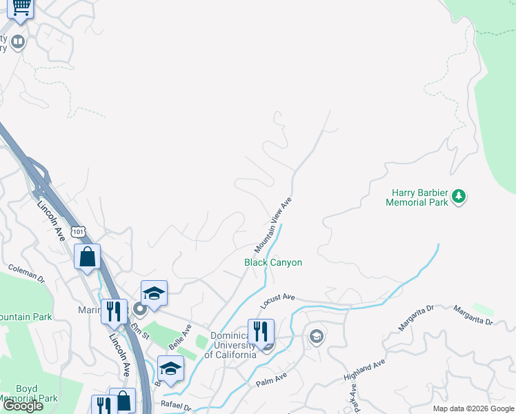 map of restaurants, bars, coffee shops, grocery stores, and more near 41 Convent Court in San Rafael