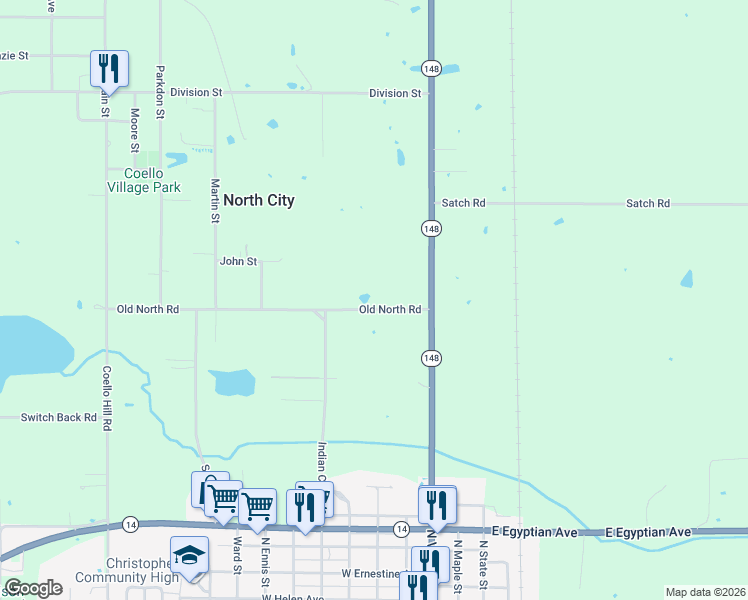 map of restaurants, bars, coffee shops, grocery stores, and more near 5267 Old North Road in Christopher