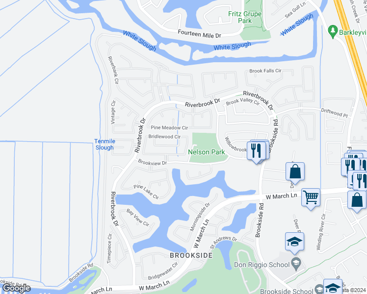 map of restaurants, bars, coffee shops, grocery stores, and more near 3748 Bridlewood Circle in Stockton