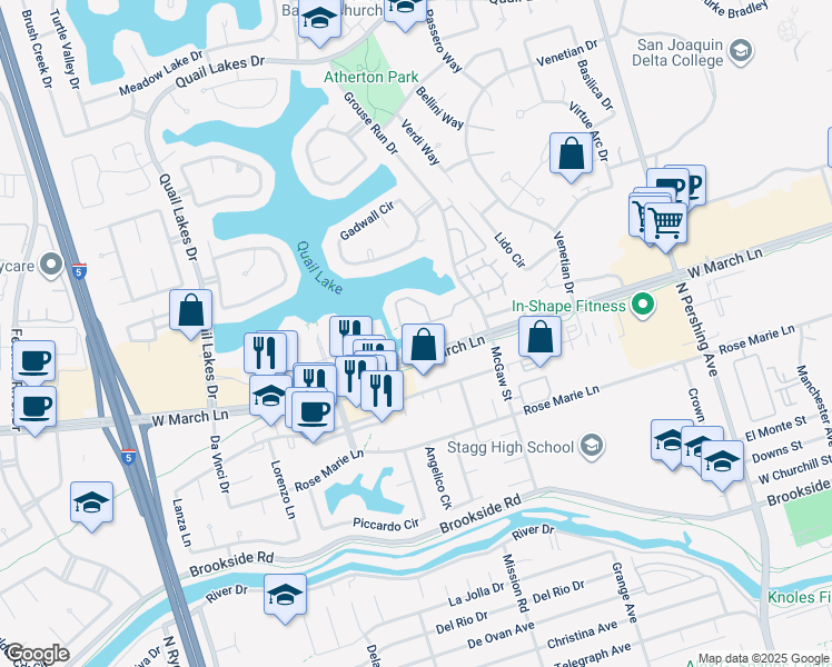 map of restaurants, bars, coffee shops, grocery stores, and more near 4777 Grouse Run Drive in Stockton