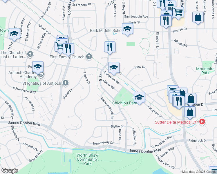 map of restaurants, bars, coffee shops, grocery stores, and more near 3124 Milner Road in Antioch