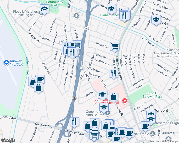 map of restaurants, bars, coffee shops, grocery stores, and more near 2312 Fairfield Avenue in Concord