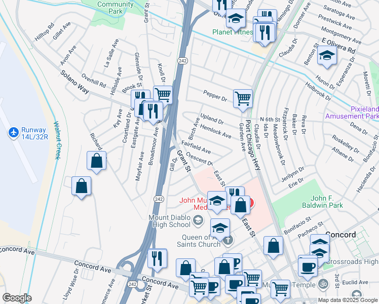 map of restaurants, bars, coffee shops, grocery stores, and more near 2311 Crescent Drive in Concord