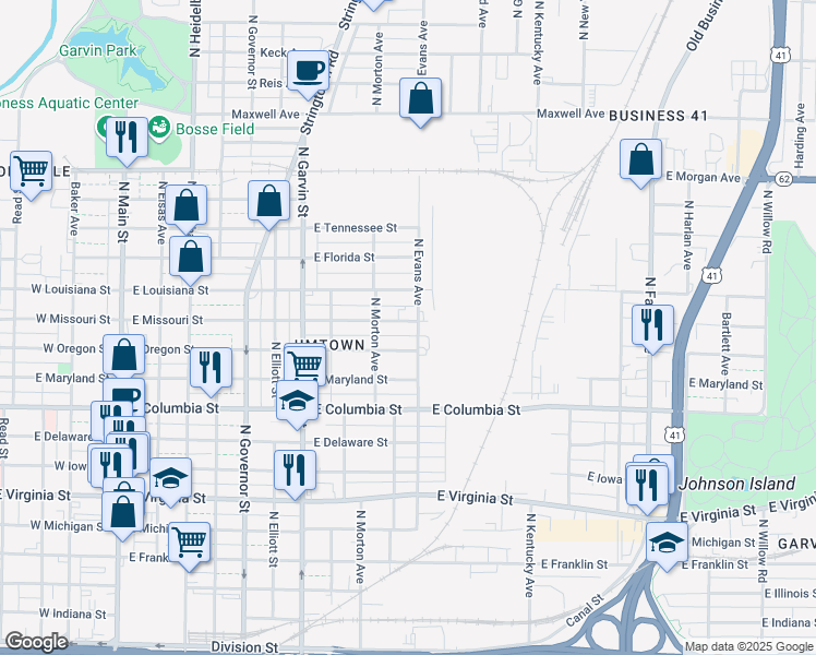 map of restaurants, bars, coffee shops, grocery stores, and more near 725 East Missouri Street in Evansville