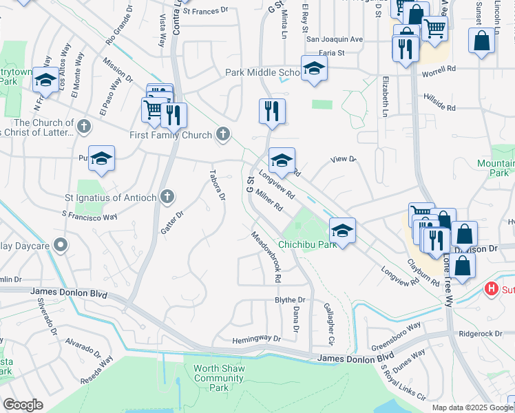 map of restaurants, bars, coffee shops, grocery stores, and more near 3145 G Street in Antioch
