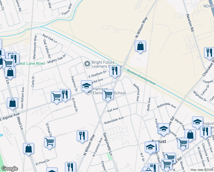 map of restaurants, bars, coffee shops, grocery stores, and more near 2336 East Alpine Avenue in Stockton