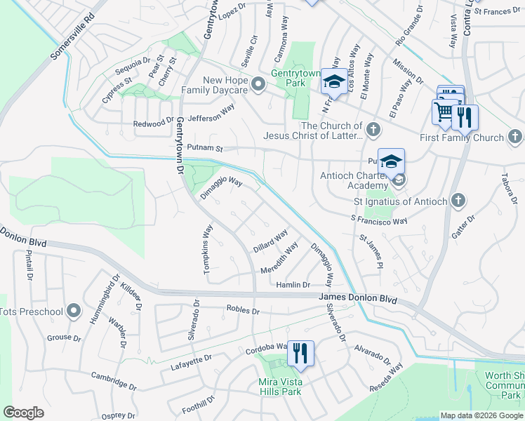 map of restaurants, bars, coffee shops, grocery stores, and more near 2105 Morton Way in Antioch