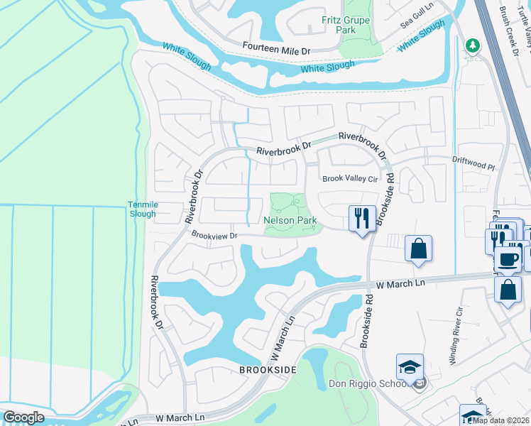 map of restaurants, bars, coffee shops, grocery stores, and more near 3751 Bridlewood Circle in Stockton