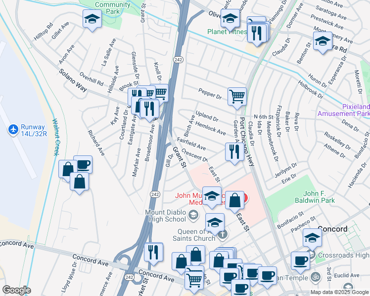 map of restaurants, bars, coffee shops, grocery stores, and more near 2311 Crescent Drive in Concord
