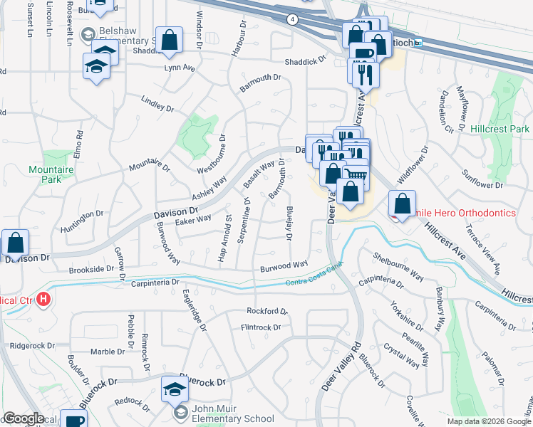 map of restaurants, bars, coffee shops, grocery stores, and more near 3341 Barmouth Drive in Antioch
