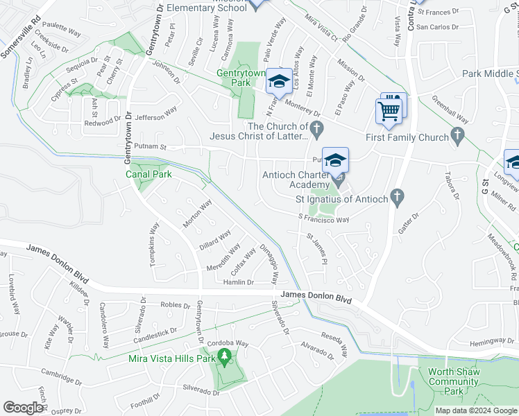 map of restaurants, bars, coffee shops, grocery stores, and more near 1605 South Francisco Court in Antioch