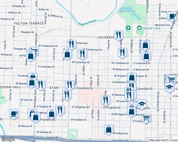 map of restaurants, bars, coffee shops, grocery stores, and more near 1010 Mary 1020 Street in Evansville