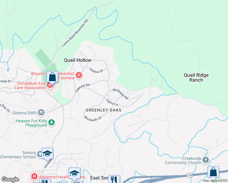 map of restaurants, bars, coffee shops, grocery stores, and more near 13065 Beckwith Road in Sonora