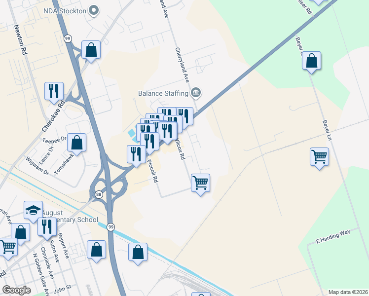 map of restaurants, bars, coffee shops, grocery stores, and more near 2470 Wilcox Road in Stockton