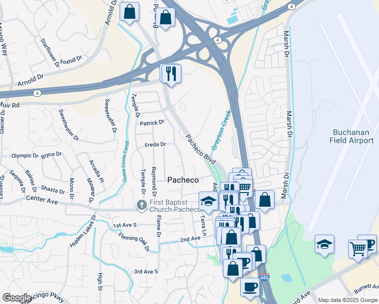 map of restaurants, bars, coffee shops, grocery stores, and more near 5500 Pacheco Boulevard in Pacheco