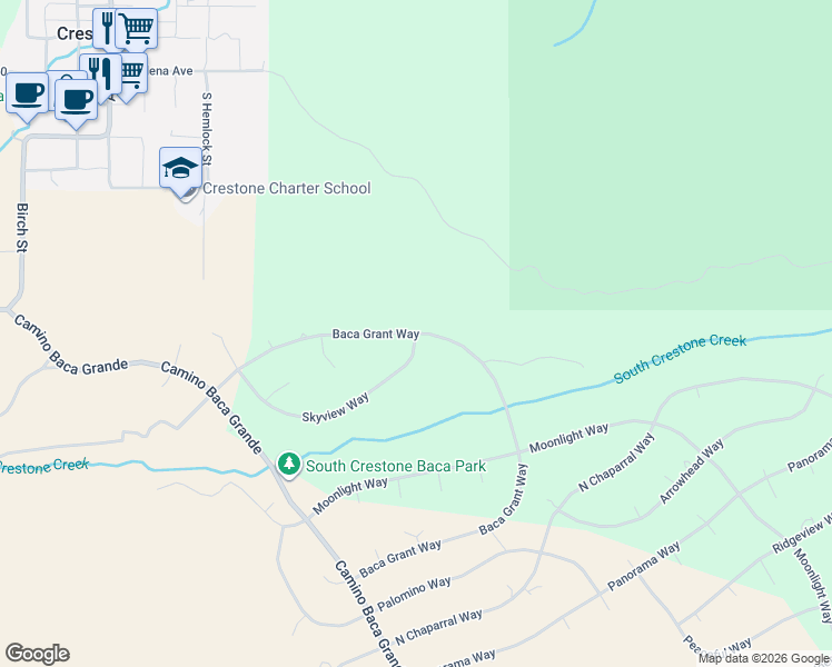 map of restaurants, bars, coffee shops, grocery stores, and more near Baca Grant Way in Westcliffe