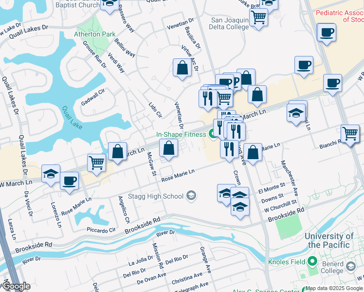 map of restaurants, bars, coffee shops, grocery stores, and more near 1768 West March Lane in Stockton
