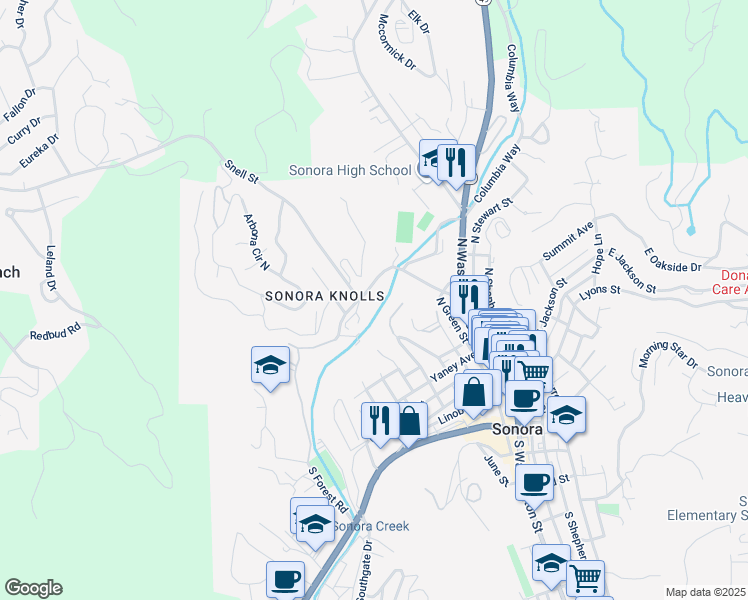 map of restaurants, bars, coffee shops, grocery stores, and more near 275 Snell Street in Sonora