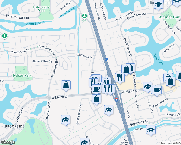 map of restaurants, bars, coffee shops, grocery stores, and more near 5075 Moss Creek Circle in Stockton