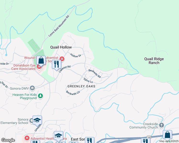 map of restaurants, bars, coffee shops, grocery stores, and more near 13065 Beckwith Road in Sonora