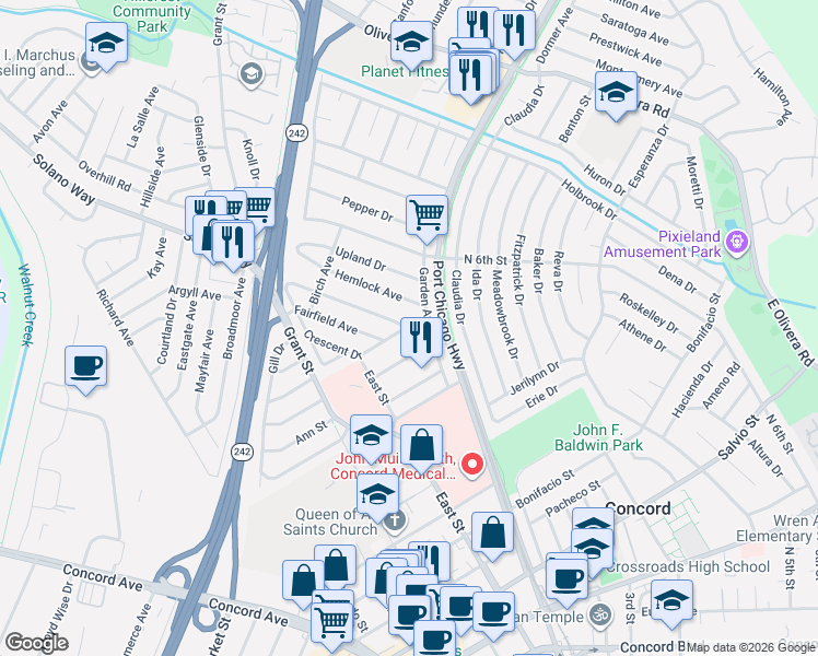 map of restaurants, bars, coffee shops, grocery stores, and more near 2466 Mountain View Drive in Concord