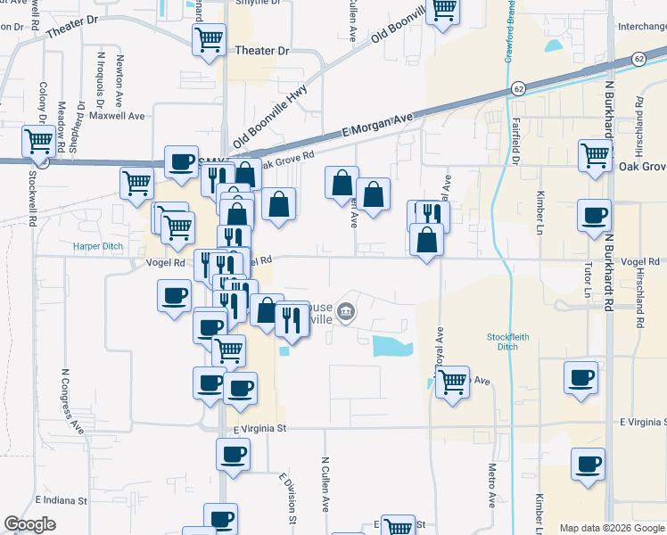 map of restaurants, bars, coffee shops, grocery stores, and more near 1136 Loft Cove in Evansville