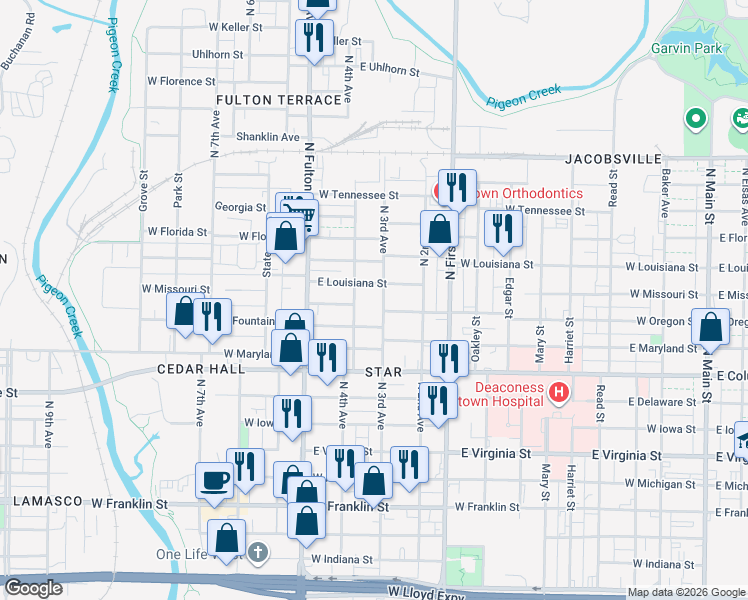 map of restaurants, bars, coffee shops, grocery stores, and more near 1031 North 3rd Avenue in Evansville