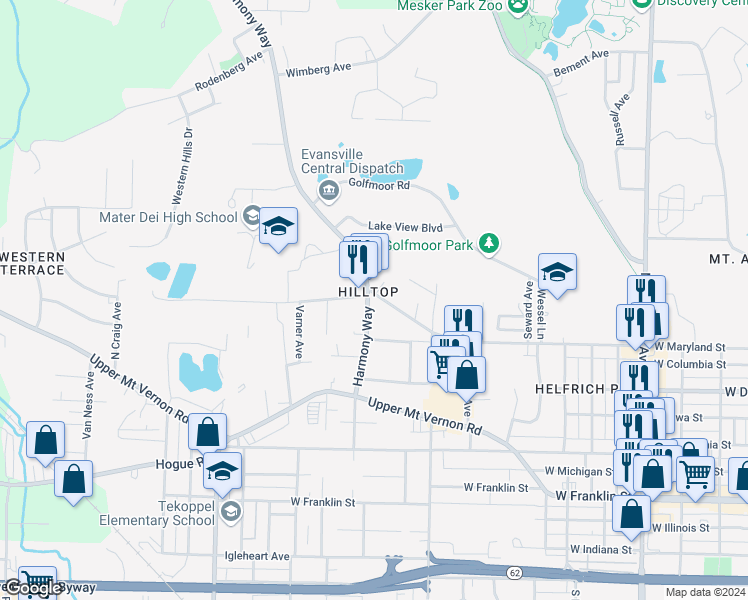 map of restaurants, bars, coffee shops, grocery stores, and more near 3034 West Maryland Street in Evansville