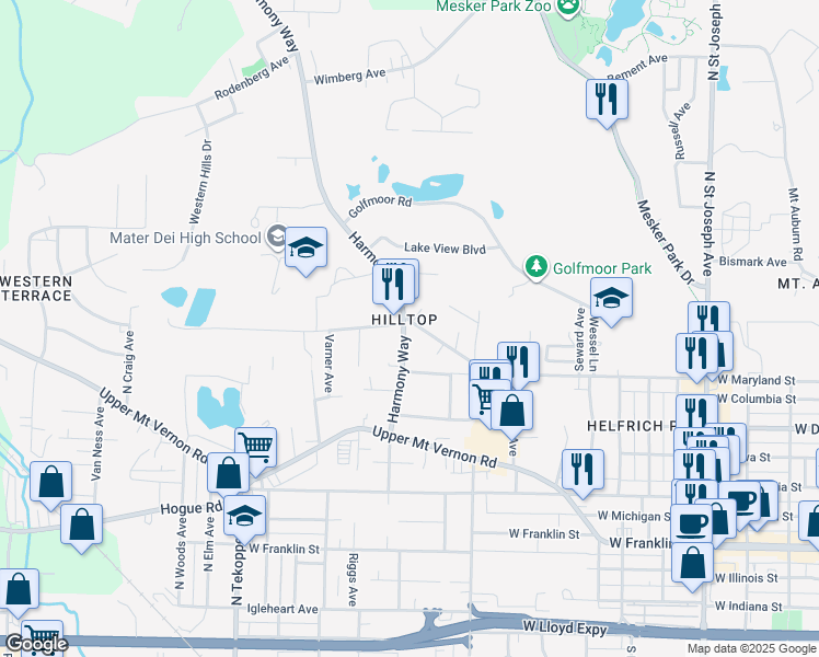 map of restaurants, bars, coffee shops, grocery stores, and more near 3034 W Maryland St in Evansville