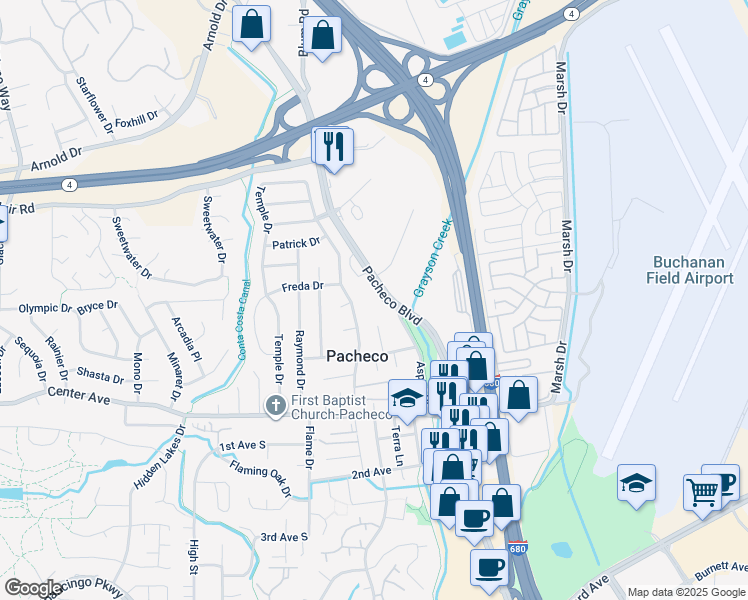 map of restaurants, bars, coffee shops, grocery stores, and more near 5500 Pacheco Boulevard in Pacheco