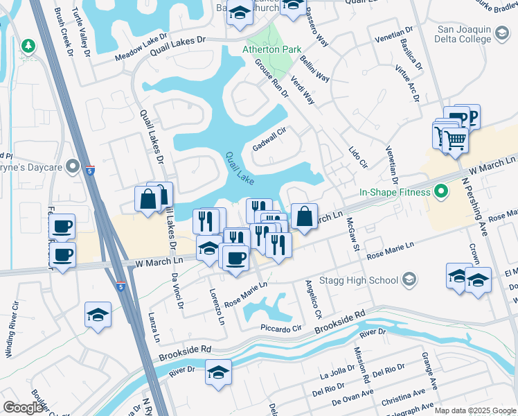 map of restaurants, bars, coffee shops, grocery stores, and more near 2291 West March Lane in Stockton